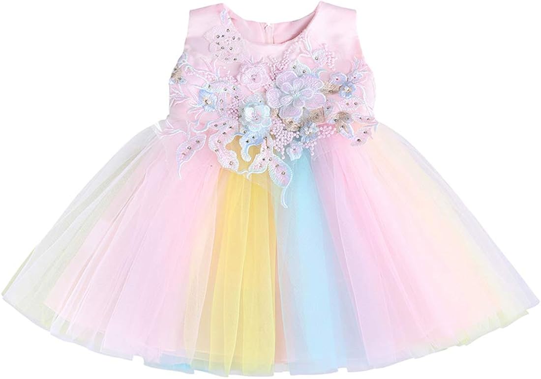 Baby Girls Costume Rainbow Tulle Dress 3D Flower Rainbow