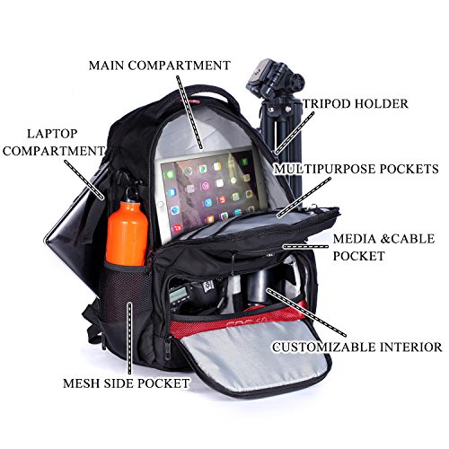 Victoriatourist DSLR Camera Bag Backpack with Laptop Compartment and Raincover Fits 15.6 inch Laptops, Black (Black6022)