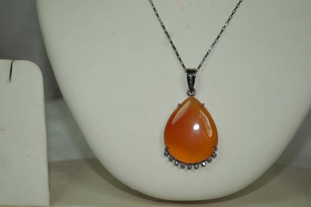 victorian style pave diamond drop shaped Orange charcedony designer pendant sterling silver necklace