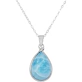 Sterling Silver Larimar Teardrop Pendant Necklace for Women, Genuine Blue Gemstone with 18 Inch Chain