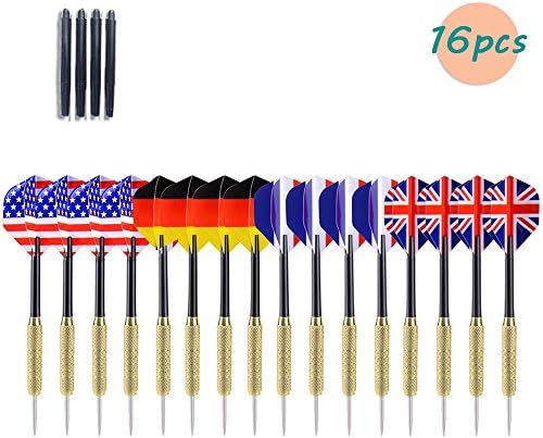 Thiroom 16 Pcs Tip Darts with National Flag Flights (4 Styles) - Stainless Steel Needle Tip Dart + PVC Rods