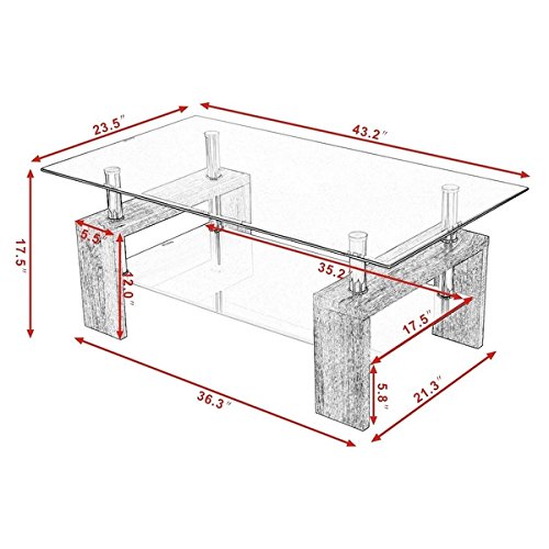 COSTWAY Rectangular Tempered Glass Coffee Table with Storage Shelf - Modern Black Living Room Furniture