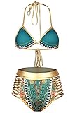 Zando Women Tribal Print Bikini African Metallic Swimsuit Two Piece Beachwear Cutout Halter Neck Bathing Suit Swimwear