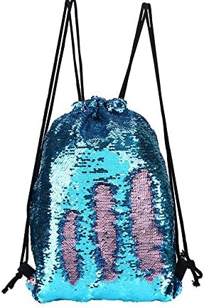 Mermaid Glittering Backpack Outdoor Sequins Shoulder Bag Drawstring Backpack for Traveling Hiking Outdoor Sports unisex (Blue)