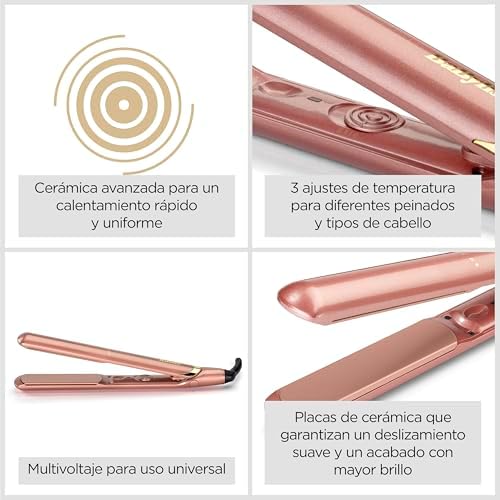 Plancha de Pelo Rose Gold - Placas de cerámica, Peinado suave, Multivoltaje, Plancha de viaje, Calentamiento ultrarrápido en 15 s, 3 ajustes de calor hasta 235°C, Alisado fácil, 2598PE