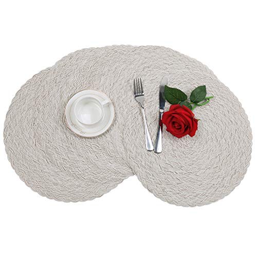Topotdor Round 15 Inch Cotton Braided Placemats Heat-Resistant Stain Resistant Anti-Skid Washable Polyproplene Table Mats(Cream-White, Set of 6)