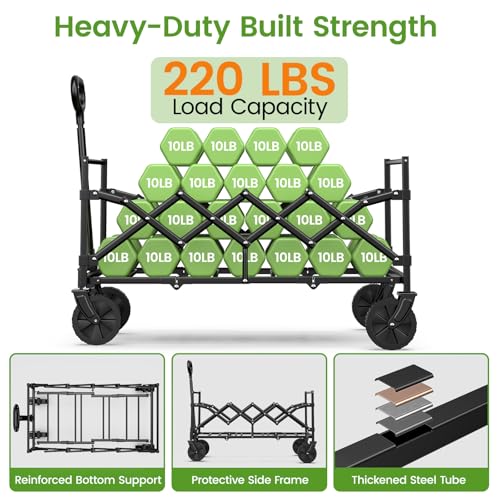 Blomoba 35'' Extra Long Collapsible Wagon with Adjustable Handle, Lightweight Folding Wagon with 360° Swivel Wheels, 220 LBS Portable Utility Cart for Garden, Sports, Grocery, Shopping, Camping, Black