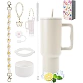 40 oz Tumbler with Handle and Straw & 6PCS Cup Accessories for 40 oz Cup - Vacuum Insulated Stainless Steel Double Wall Water Bottle Travel Coffee Mug - Holiday Gifts for Women Men (Cream)