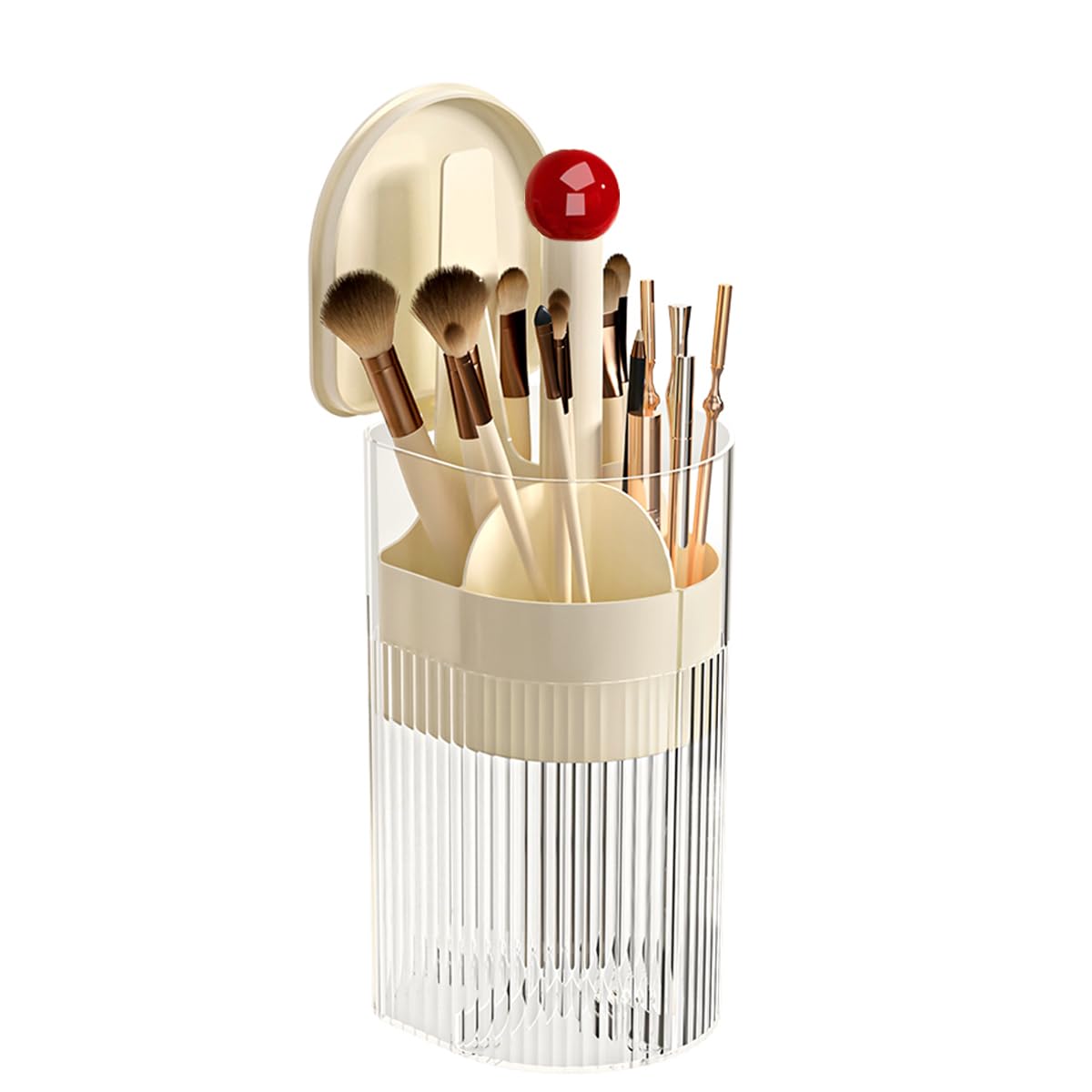 Photo 1 of YIEZI Makeup Brush Holder with Lid, One-Hand Press Open/Close Mechanism Cosmetic Tools Organizer, Clear Waterproof Dustproof Make Up Storage for Vanity, Bathroom Countertop-Cream-Red Ball