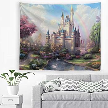 Baccessor Fantasy Castle Tapestry Colorful Rainbow Forest Princess Lake White Swan Fairy Tale World Wall Hanging Tapestry for Girls' Bedroom, 60