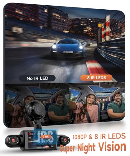 Rimoody 4 Channel Car Dashcam 360°, 4 HD 1080P Front and Rear Left Right Camera, 3 Inch IPS Screen Dash Cam with 8 IR Night Vision/Loop Video/24H Parking Monitor
