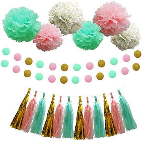 Party Decoration Kit - 20 Pcs Pink Mint Tissue Paper Poms Polka Dot Garlands Hanging Tassels for Birthday Party / Wedding / Bay Shower