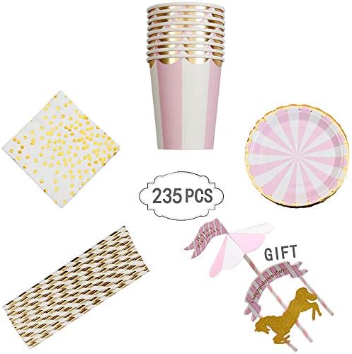 235 PCS Pink Stripe Disposable Dinnerware Set for Girl Baby Shower Birthday Party 40-Set Paper Tableware with Paper Plates, Napkins,Cups, Paper Straws