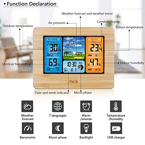 FanJu Color Weather Station with Temperature and Humidity Monitor, Weather Forecaster, Alarm Clock, Moon Phrase (Yellow)