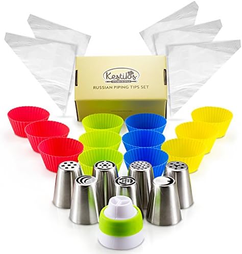 Russian Piping Tips Set By Kestilos โ 7 Cake & Cupcake Decorating Icing Nozzles, A 3 Color Coupler, 5 Disposable Pastry Bags & 12 Silicon Cupcakes Molds