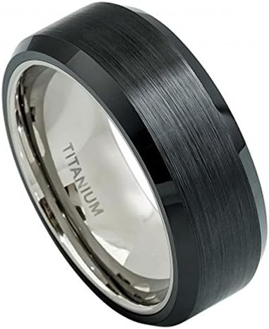 8mm Titanium Wedding Band Ring with Brushed Black Ceramic Center & High Polished Beveled Edge
