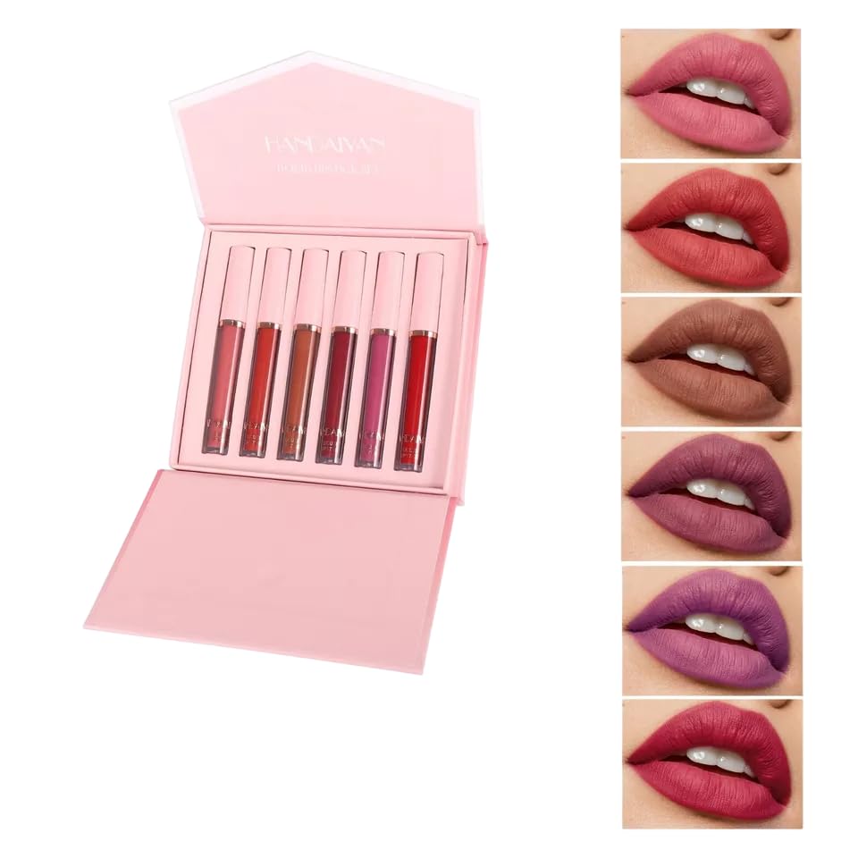 6 PCs Matte Liquid Lipsticks Waterproof Long-Lasting Lip Gloss Kit for Women | Highly Pigmented Nude Pink Red Shades | Smooth Velvet Finish Non Stick & Stay On | Soft Shiny Makeup Gift Set - A