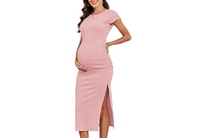 AISWI 2024 Summer Women's Split Maternity Dress Short Sleeve Ruched Pregnancy Clothes Fine Ribbed Baby Shower Dresses
