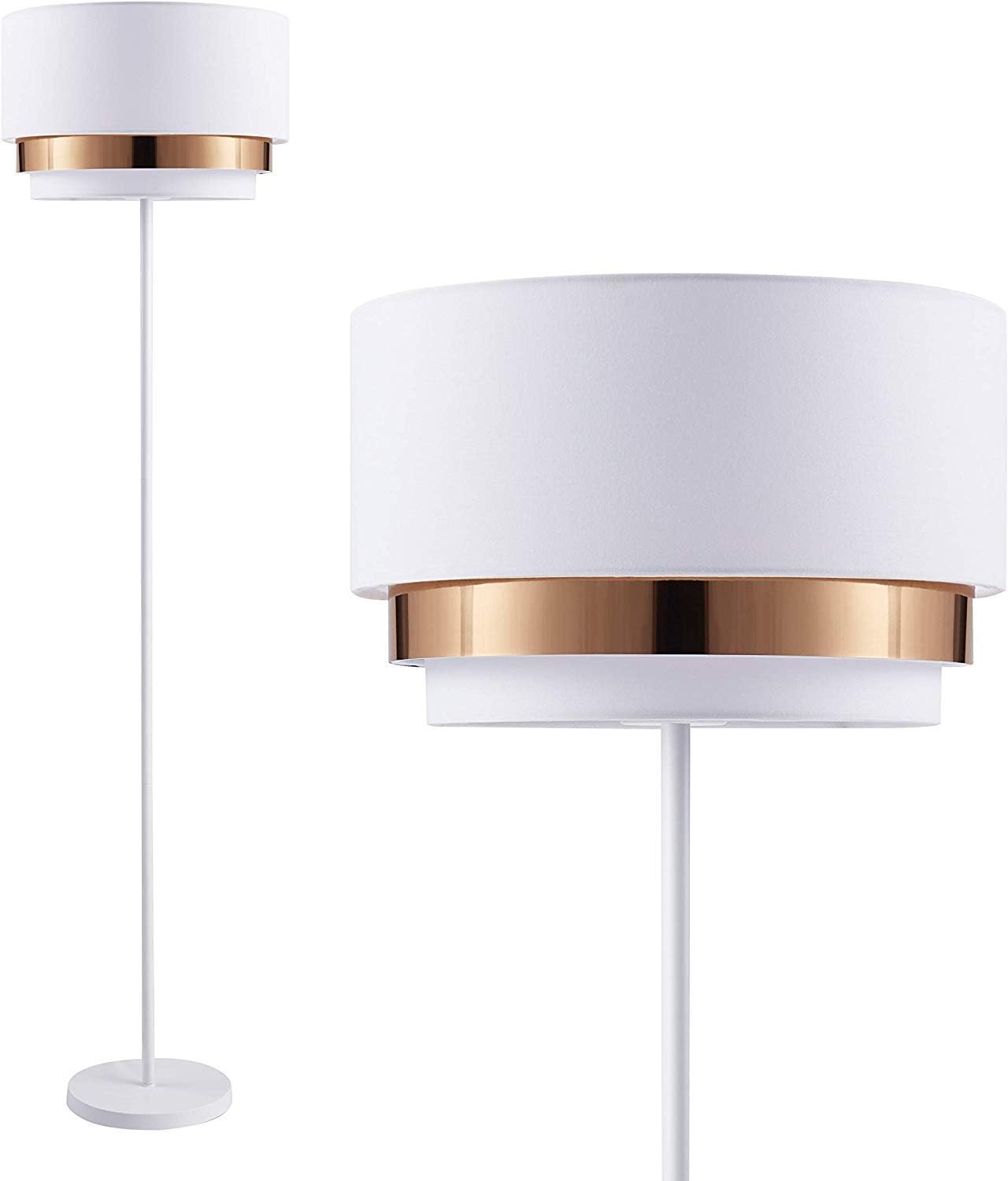 Ambiore Floor Lamp with Bulb Mambo – Contemporary Modern Elegant Indoor Standing Light for Mid-Century Living Room and Bedroom - matt Pole Lamp with 3-Layer White Fabric & Rose Gold Film Shade - White