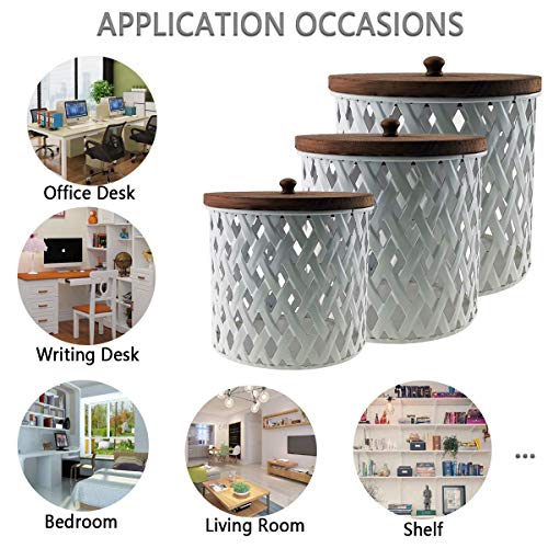 HuiDao Metal Storage Cans with Wood Lids, Hollowed Out Design Round Canister, Decorative Storage Jars Containers for Home Living Room Bedroom Office Desks Shelves, White, Set of 3 - Thumbnail 2