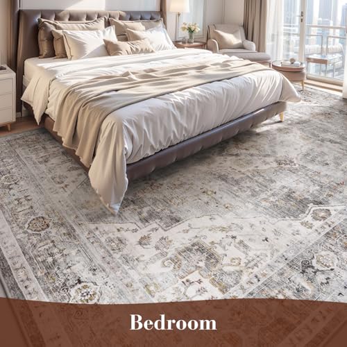 Montvoo-Area Rug 8X10 Rugs for Living Room-Grey Machine Washable Rug-Soft Living Room Rug-Vintage Non Slip Carpet-Rugs for Bedrooms Dining Room Living Room Office