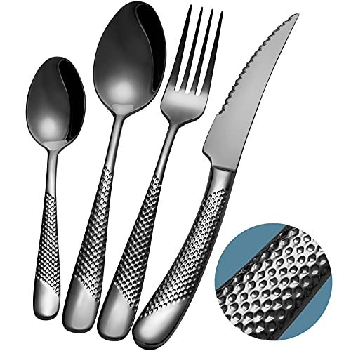 Xideman® Juego de cubiertos modernos martillado con cuchillo serrado 2 en 1 ultra afilado, Cubertería de 16-piezas de acero inoxidable 18/10, Cubiertos Set chapados en titanio para 4 personas (Negro)