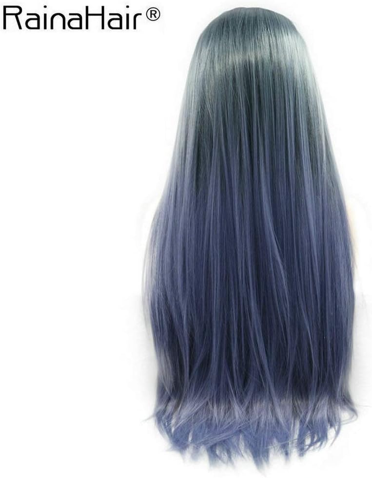 Natural Straight Dark Roots to Blue Lace Front Wigs for Women Heat Resistant Synthetic Wig Glueless Hair Flawless Hairline Party Use 24inch… (Ombre Blue) - Image 5