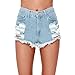 FV RELAY® Women's Blue Destroyed Mid Waist Ripped Hole Wash Denim Shorts Jeans