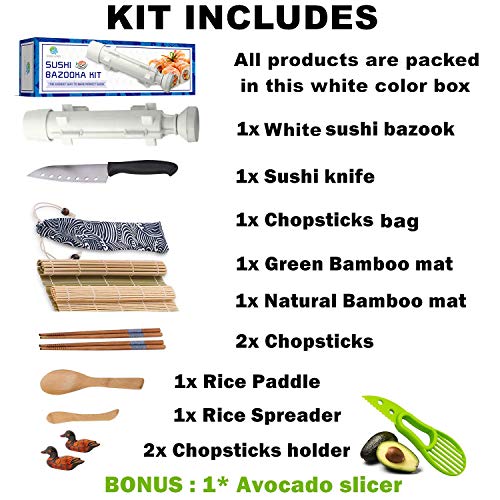 Sushi Making Kit - All In One Sushi Bazooka Maker with Bamboo Mats, Bamboo Chopsticks, Avocado Slicer, Paddle, Spreader, Sushi Knife, Chopsticks Holder and Cotton Bag - Gift Box