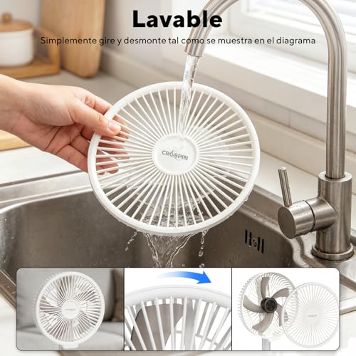 CROSPIN Ventilador Portátil Recargable 10000mAh 12 Pulgadas, Plegable y Telescópico de Pie y Escritorio, Oscilación 90°, 6 Velocidades, Control Remoto, Luz Nocturna, Temporizador, Silencioso