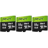 PNY 64GB Elite-X Class 10 U3 V30 A1 microSDXC Flash Memory Card 3-Pack | up to 100MB/s Read, UHS-I, 4K UHD, Full HD, Smartphones, Tablets, Drones, Surveillance Cameras, Video Cameras, Computers