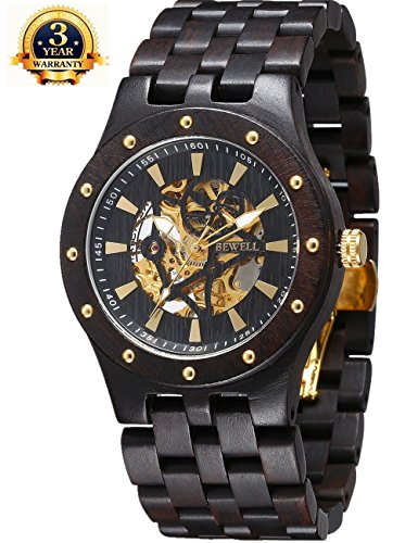 Men s automatic mechanical skeleton black wooden watch