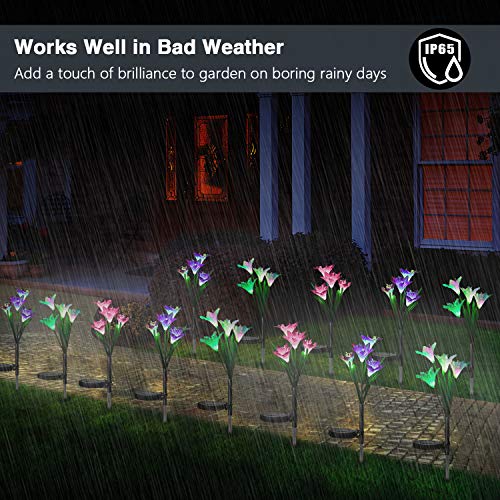 Outdoor Solar Garden Lights [3 Pack] - WdtPro Upgraded Waterproof Solar Powered Lights with 12 Lily Flower, 7 Colors Changing Solar Decorative Lights for Garden, Patio (Purple, White & Pink) - Thumbnail 3