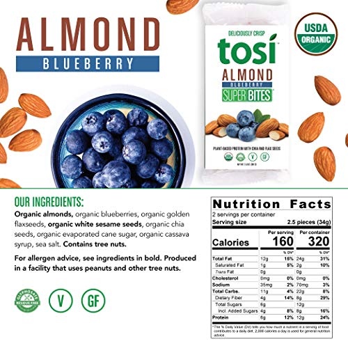 Tosi Organic SuperBites Vegan Snacks, Almond Blueberry, 2.4oz (Pack of 12), Gluten Free, Omega 3s, Plant Protein, Fiber from Flax and Chia Seeds