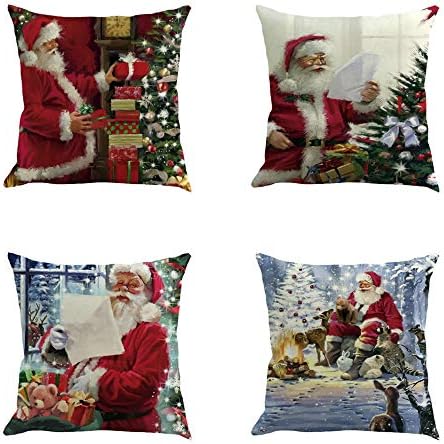 Malloom 4PC Merry Christmas Cotton Linen Pillow Case Rectangle Cover Decor Sofa Waist Cushion Cover 18"x18" (P)
