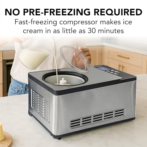 Whynter Ice Cream Maker Machine Automatic 2.1 Qt. with Built-In Compressor, LCD Digital Display & Timer, No Pre-Freezing, ICM-200LS, Stainless Steel