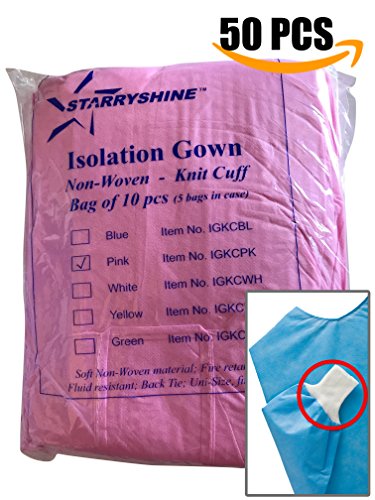 Dental Medical Latex Free Disposable Isolation Gowns Knit Cuff Non Woven | Fluid Resistant (50 Gowns / 5 Packs, Pink)
