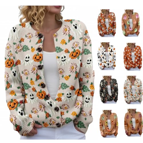 Ladies Halloween Cardigan Halloween Funny Pumpkin Ghost Print with Buttons Women's Autumn Long Sleeves Knit Sweater Winter Cosy Warm Ladies Cardigan Lightweight Fall Sweater Cardigans