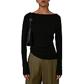 EELOTILE Women's Wool Boat Neck Sweater Long Sleeve Trendy Pleats Lightweight Off-Shoulder Tops