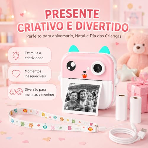 Câmera Infantil Digital Instantânea com Impressão Térmica (Rosa)