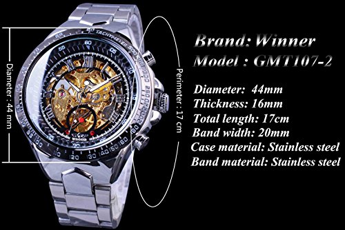 Winner Golden Movement Skeleton Stainless Steel Men Automatic Sport Wrist Watch - Thumbnail 3
