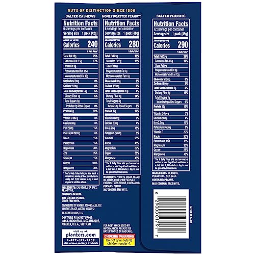 PLANTERS VARIETY PACK, SALTED CASHEWS, SALTED PEANUTS & HONEY ROASTED PEANUTS, ON-THE-GO NUT SNACKS, INDIVIDUALLY PACKED SNACKS, MIXED NUTS, KOSHER, (36 COUNT)