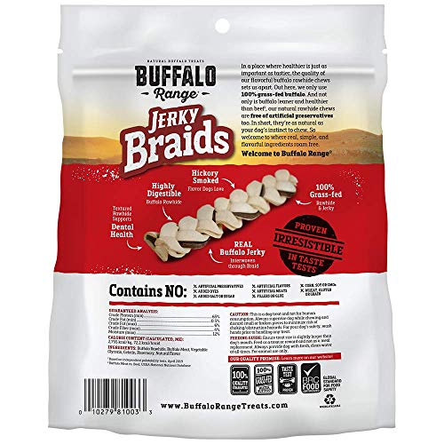 BUFFALO RANGE RAWHIDE DOG TREATS | HEALTHY, GRASS-FED BUFFALO JERKY RAW HIDE CHEWS | HICKORY SMOKED FLAVOR | JERKY BRAIDS, 10 COUNT
