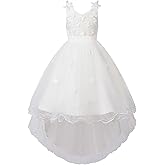 Uhnice Girls’ High-Low Flower Girl Dress 3D Floral Lace Tulle Gown with Adjustable Straps for Wedding Birthday Party