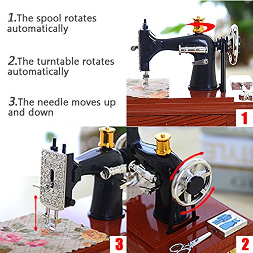 Gbell Mini Vintage Sewing Machine Music Box Toy - Home Table Decoration Ornaments - Mechanical Retro Music Box Christmas Birthday Gift for Kids Girls Boys Adults (Brown) - Thumbnail 4