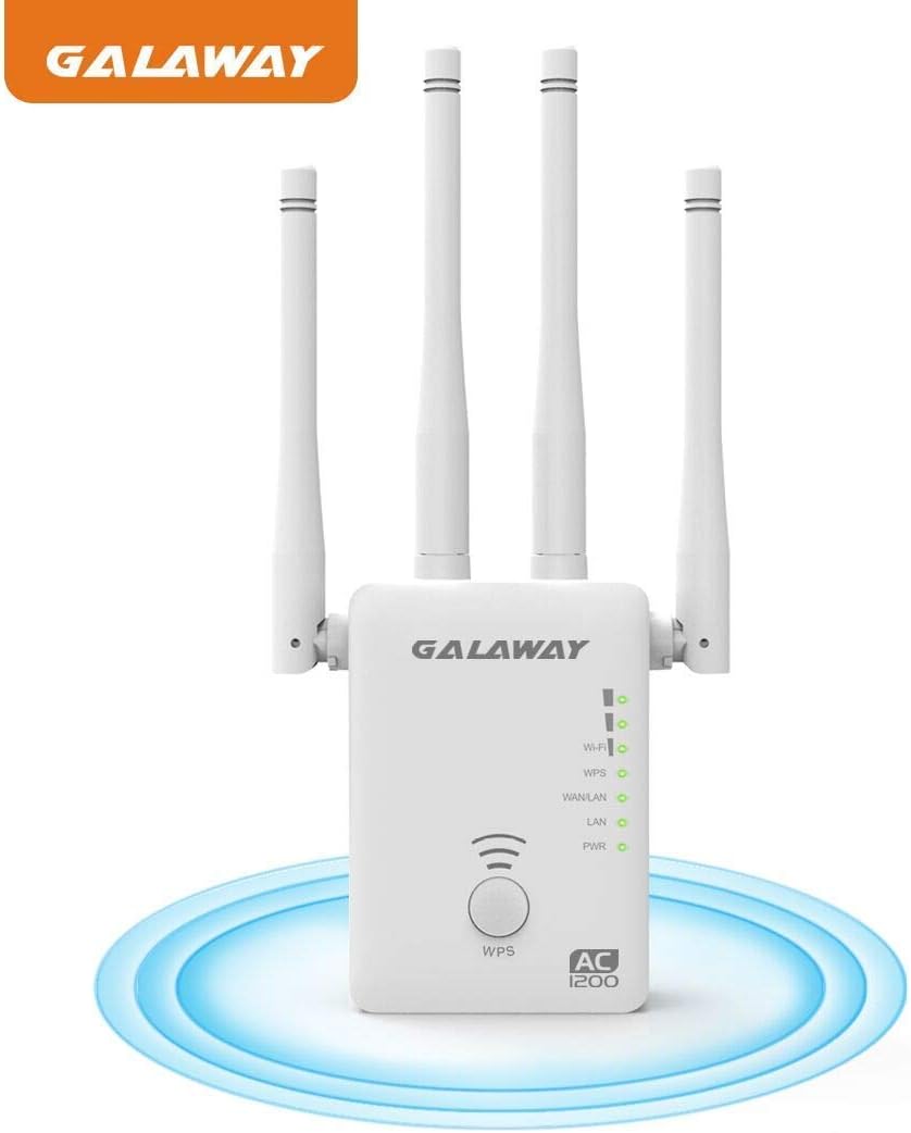WiFi Extender, GALAWAY Upgraded AC1200 Dual Band WiFi Range Extender Wireless Repeater Internet Signal Booster with 4 High Power External Antennas 2 Ethernet Ports for Whole Home WiFi Coverage