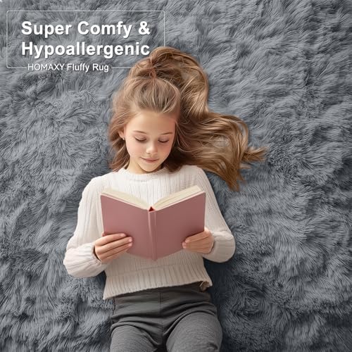 Homaxy Fluffy Shaggy Rugs Living Room, Large Anti Slip Carpet, Machine Washable Soft Thick Pile Bedside Rug for Kids Bedroom, Nursery - Dark Grey, 120 x 160 cm