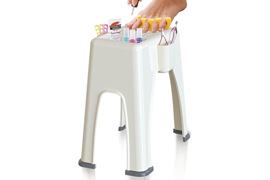 Skywin TidyFriend Shower Foot Rest 9.27 x 7 x 10 Inches, Plastic Pedicure Foot Rest, 3 Pockets Shower Stool for Shaving Legs Hold Shaving Essentials (Beige)