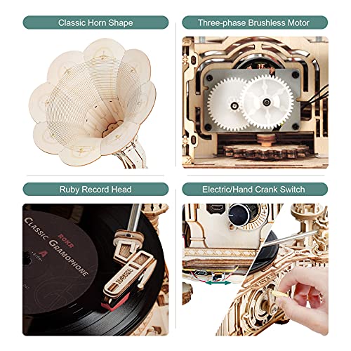 ROKR 3D Wooden Puzzles Gramophone Model Kits for Adults Handcrank