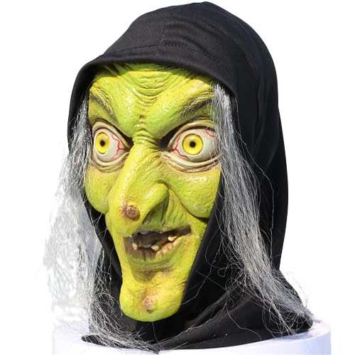 YTFSKFUI Long Hair Old Witch Halloween Mask, Horror Latex Full Face Scary Halloween Mask Realistic White Witch Halloween Face Mask with Wig, Witch Mask for Makeup Party Prank Performance (Green)
